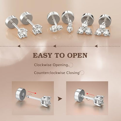 14K Gold Plated 925 Sterling Silver Flat Back Earrings Set | Hypoallergenic Cartilage Helix Conch Tragus Piercing Jewelry 3 Pairs Small Screw Dainty CZ Opal Earring Set Men Women - color: Silver, Style B