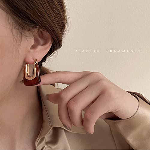 Chunky Clear Retro U Shaped Hoop Minimalist Square Resin Huggie Earrings for Women - color: Red