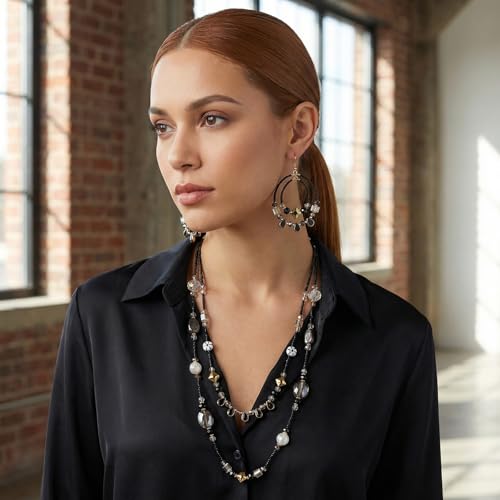 Bocar Bohemian Handmade Beaded Jewelry Set for Women 3 Pcs Layered Necklace Hoop Earrings Wrap Bracelet Set Boho Summer Vacation Jewelry Gift (NK-10834) - color: Black