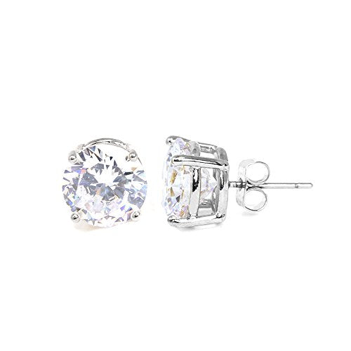 Stainless Steel Round Cut Cubic Zirconia Stud Earrings With Clear Case - Gold, Silver (3mm~12mm) - color: 9mm-Silver