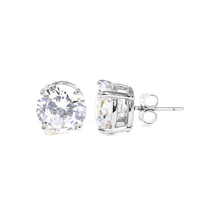 Stainless Steel Round Cut Cubic Zirconia Stud Earrings With Clear Case - Gold, Silver (3mm~12mm) - color: 9mm-Silver