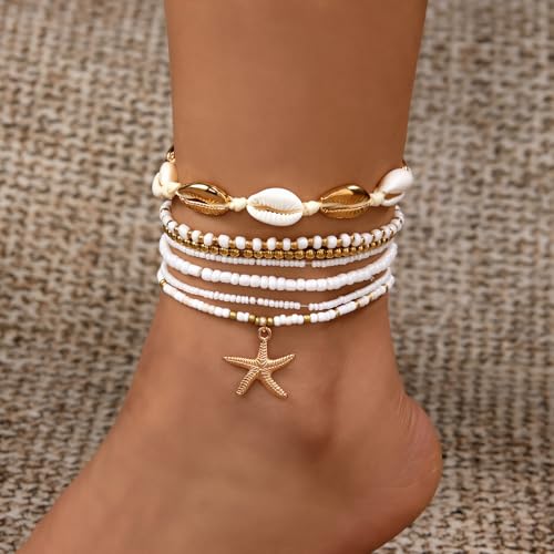 Qceasiy Starfish Ankle Bracelets for Women, Boho Beaded Beach Anklets Set | Gold-plated layered anklets in seashell, disc, and conch styles, with stretch or adjustable fits for summer beach outfits. - color: Gold 4