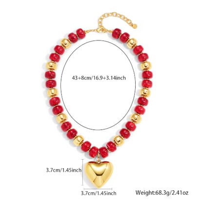Resin Chunky Colorful Beaded Necklace | Adjustable Boho Statement Necklace,Summer Beach Party Jewelry - color: Heary+Red