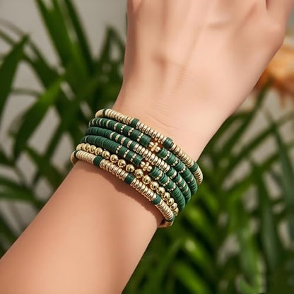 Heishi Clay Bead Bracelets Pack for Women Boho Friendship Stretch Bracelets Set Stackable Gold Beads Bracelets Jewelry for Gift - color: green