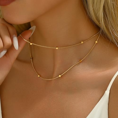 18K Gold Plated Layered Herringbone Necklaces for Women Dainty Layering Beaded Snake Chain Choker Moon Coin Pendant Necklace Trendy Stainless Steel Jewelry - color: Double Square-Gold