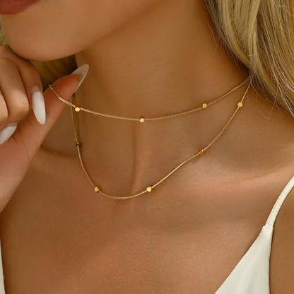 18K Gold Plated Layered Herringbone Necklaces for Women Dainty Layering Beaded Snake Chain Choker Moon Coin Pendant Necklace Trendy Stainless Steel Jewelry - color: Double Square-Gold