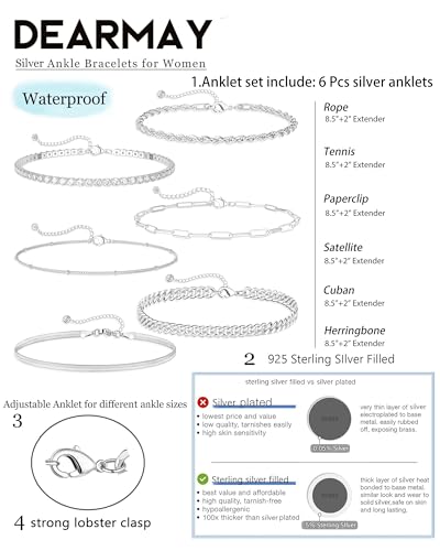 Dainty Ankle Bracelets for Women Waterproof | Layered Gold Plated Tennis Cuban Snake Rope Paperclip Beaded Link Chains Set, Summer Beach Jewelry Gift - color: Silver Anklet A