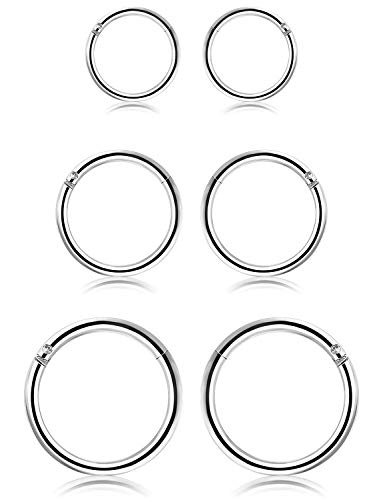 SCERRING 18G Stainless Steel Hinged Clicker Segment Septum Nose Lip Ring Hoop Cartilage Tragus Sleeper Earrings Body Piercing Jewelry 6mm 8mm 10mm 6PCS - color: 3 Pairs - Silver