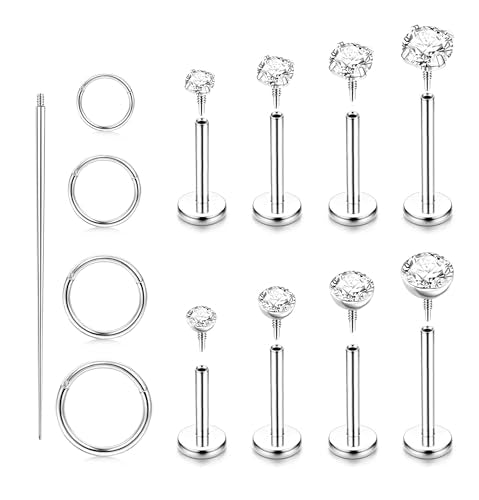 ORAZIO 14K Gold Plated Flat Back Earrings - 16G/18G 316L Surgical Steel Internal Thread CZ Stud Piercing Jewelry for Tragus Helix Cartilage Conch Hypoallergenic Nose Rings Lip Labret Medusa Piercing for Women Men - color: Silver Tone, size: 16G(1.2mm)-Str