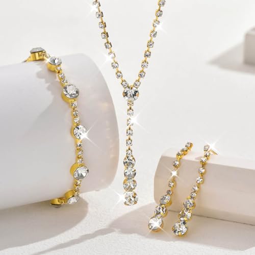 Bride Silver Bridal Necklace Earrings Set Crystal Wedding Jewelry Set Rhinestone Choker Necklace for Women and Brides - color: E Gold