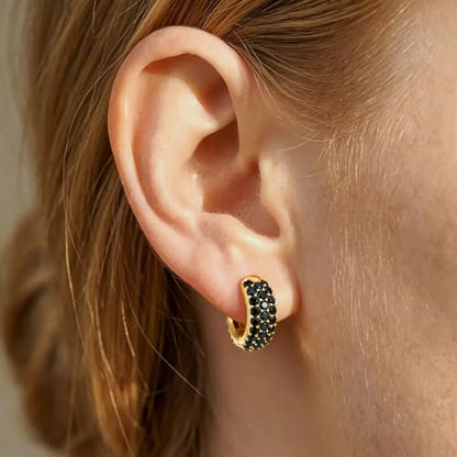 Gokeey Cubic Zirconia Hoop Earrings for Women, Sterling Silver Plated Small Huggie Hoops CZ Pave Chunky Thick Earrings Non Tarnish Hypoallergenic Lightweight Jewelry April Birthstone Gifts - color: Black Diamond-Gold