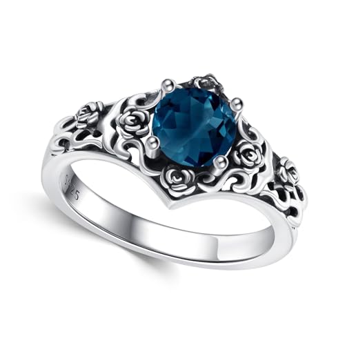 Vintage Rose Filigree 1 Carat Round Cut Genuine or Lab Grown Gemstone Statement Ring 925 Sterling Silver Birthstone Oxidized Anniversary Promise Ring for Women Gifts Size 5-18 - color: LondonBlueTopaz