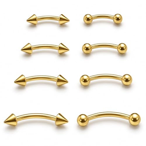 Eyebrow Piercing Jewelry Surgical Steel Curved Barbell Tiny Eyebrow Ring Vertical Labret Lip Jewelry Ear Rook Navel Small Belly Button Ring for Women Men 6mm/8mm/10mm/12mm - size: 18Gauge-Gold-4Pairs