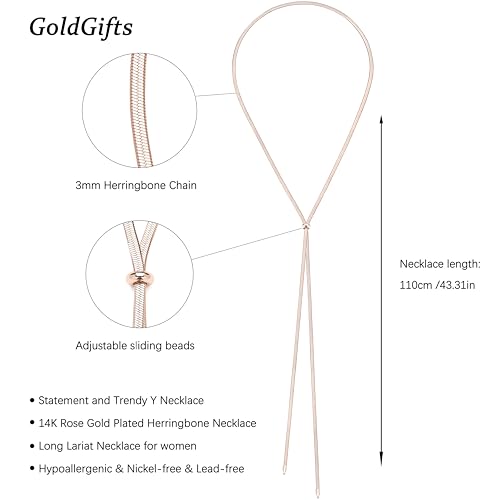 Chunky Long Y Necklace for Women, Waterproof Herringbone Drop Dangle Necklace, Adjustable Lightweight Trendy Fashion Slip Tie Necklace, Thin Layered Choker Chest Chain - color: Rose Gold