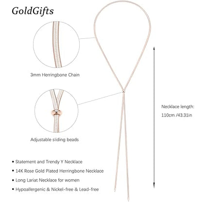 Chunky Long Y Necklace for Women, Waterproof Herringbone Drop Dangle Necklace, Adjustable Lightweight Trendy Fashion Slip Tie Necklace, Thin Layered Choker Chest Chain - color: Rose Gold