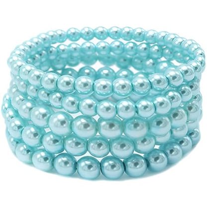 Faux Pearl Beaded Bracelets for Women Ladies Elastic Stretch Bracelet Stackable Jewelry Set Pulsera Para Mujer 5 pcs Size 6-8 MM - color: Light Blue