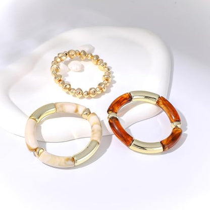 GOOJIDS Simple Beaded Gold Plated Bangles Bracelet Chunky Bamboo Tube Curved Stacking Clear Acrylic Colorful Beads Stretchable Gold Plated Bracelets Set For Women - color: T-Gold&Brown Set