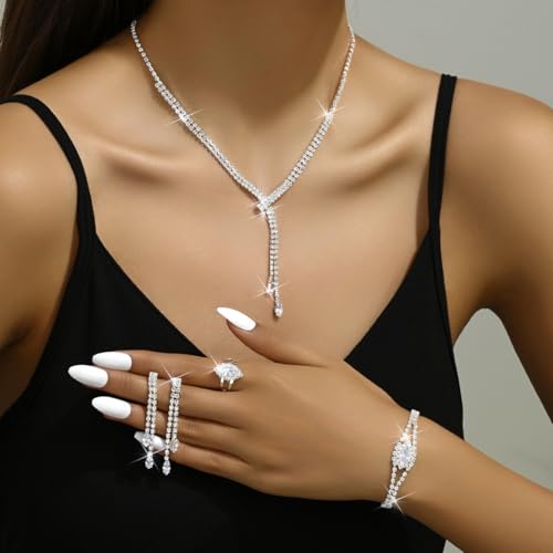 4 Pieces Cubic Zirconia Wedding Jewelry Sets for Bride Rhinestone Bridal Jewelry Set Necklace Bracelet Earring Ring for Brides Bridesmaid for Wedding Party - color: 4 PCS-Silver