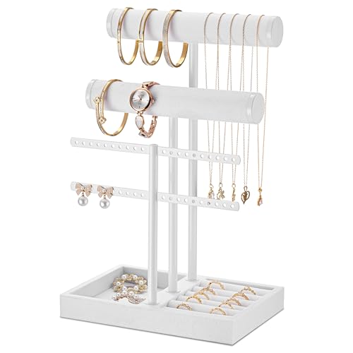 Jewelry Organizer Stand for Necklaces, Bracelets, Earrings, Rings, PW | 3 Tier Velvet Bracelet Holder Display | Jewelry Organizers and Storage | Jewelry Tree | Jewelry Towers - color: Pure White, size: Standard