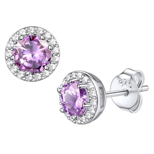 Bestyle 8mm Small Birthstone Earrings for Women with Hypoallergenic Sterling Silver Post,Sparkle Heart/Round Womens Studs Earrings, Great Birthday/Christmas/Anniversary Jewelry for Wife Mother - color: 06. June Alexandrite-Round