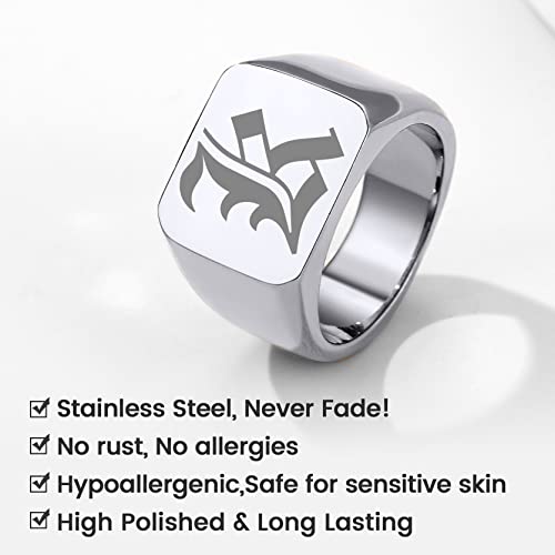 GoldChic Jewelry Personalized Signet Rings Men Women, Stainless Steel Custom Photo Bold Square/Oval Monogram/Old English Initial Pinky Stacking Statement Ring in Black/Silver/Gold (Size 7-14) - color: Steel-Initial -Square
