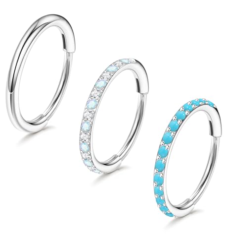 3pcs Nose Rings Hoops - 316L Surgical Steel Nose Hoops 16G/18G/20G CZ Opal Turquoise Clicker Septum Nose Ring Lip Helix Cartilage Hoop Earring Daith Rook Conch Body Piercing Jewelry for Women Men 6mm 8mm 10mm - color: Silver, size: 20 gauge(0.8mm)-6mm