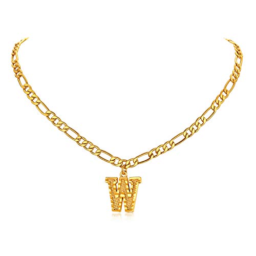 14K Gold Plated Initial Necklaces for Women Men A-Z Letter Necklaces | Figaro Chain, 16"+2" Adjustable Length, with Gift Box - style: W