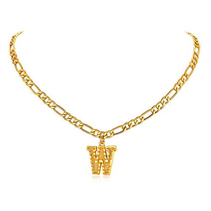 14K Gold Plated Initial Necklaces for Women Men A-Z Letter Necklaces | Figaro Chain, 16"+2" Adjustable Length, with Gift Box - style: W