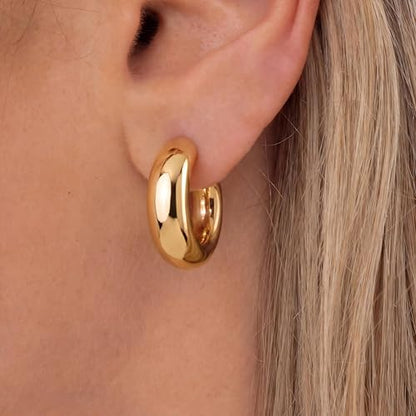 Chunky Gold Hoop Earrings for Women Non Tarnish, 14k Gold Plated Thick Triple Hoop Earrings Hypoallergenic Trendy Hoops Dainty Jewelry Gifts for Women - style: Chunky Tube C-Hoop