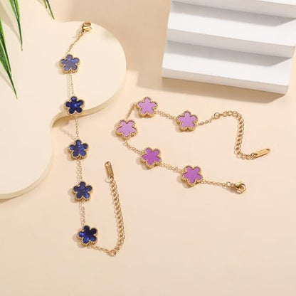 TICVSS Four Leaf Clover Bracelet for Women 18K Gold Plated Stainless Steel Lucky 4 Leaf Gold Link Bracelet Jewelry Gift for Women - color: Dark blue