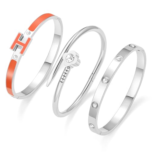 3Pcs Gold Bracelets for Women 14K Gold Plated Love/H/Nail Bangle Bracelet Dainty Non Tarnish Bracelet Jewelry Christmas Mothers Day Gifts for Women - color: 3Pcs Silver/Orange H bracelet