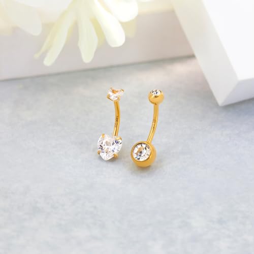 2pcs 14k Gold Filled Belly Button Rings, 14G 8mm/10mm/12mm Threaded Barbell Belly Button Piercing, Navel Ring Piercing Jewelry - color: 14K GF-2pcs-Heart CZ-12mm