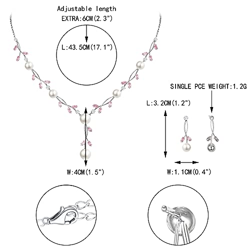 EVER FAITH Cubic Zirconia Pearl Leaf Vine Wedding Jewelry Set for Bride | Crystal Filigree Bridal Necklace Earrings, for Women Bridesmaid - color: 2pcs_Pink Silver-Plated-Brass