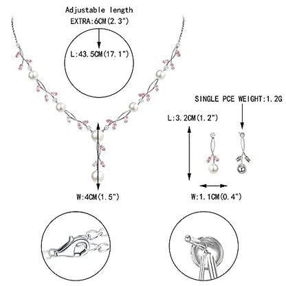 EVER FAITH Cubic Zirconia Pearl Leaf Vine Wedding Jewelry Set for Bride | Crystal Filigree Bridal Necklace Earrings, for Women Bridesmaid - color: 2pcs_Pink Silver-Plated-Brass