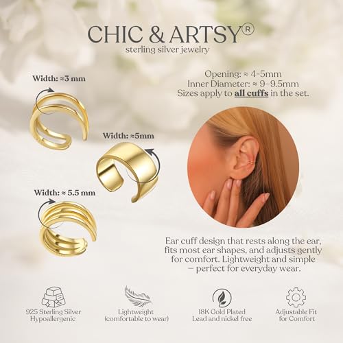 CHIC & ARTSY 925 Sterling Silver Ear Cuffs for Women, Non Piercing Clip On Cartilage Cuffs, Adjustable Fake Conch & Helix Earrings, Gold Plated & Oxidized Various Styles - color: ear cuff #4