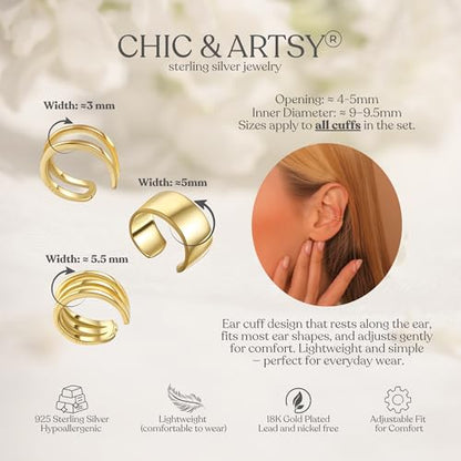 CHIC & ARTSY 925 Sterling Silver Ear Cuffs for Women, Non Piercing Clip On Cartilage Cuffs, Adjustable Fake Conch & Helix Earrings, Gold Plated & Oxidized Various Styles - color: ear cuff #4