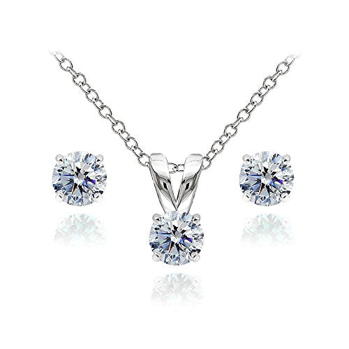 B. BRILLIANT Sterling Silver Small Dainty Crystal Solitaire Necklace & Stud Earrings Birthstone Jewelry Set for Women Bridesmaids - color: April - Clear