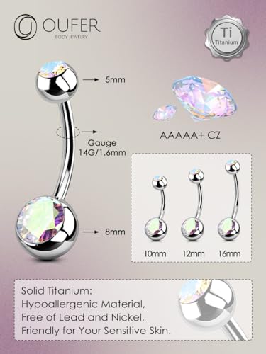 OUFER Titanium Belly Button Rings, Internally Threaded Belly Ring, Round CZ Navel Rings for Women Men - color: AB CZ, size: 1.6*12MM