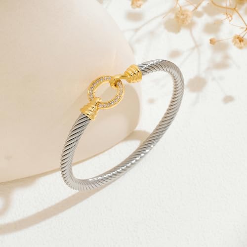 WOWORAMA Twisted Cable Wire Bracelets Two Tone Bangle Bracelet for Women | Stainless Steel, Unisex Gold Silver Bracelet, Mixed Metal Chunky Bangles Jewelry - color: Silver Circle