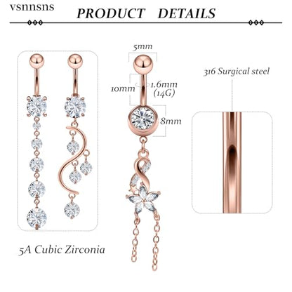 Vsnnsns 14G Dangle Belly Button Ring Piercing Jewelry 316L Stainless Surgical Steel Navel Rings Cubic Zirconia Heart Flower CZ Dangling Belly Button Ring Piercing Jewelry for Women 14 Gauge - color: Rose Gold Tone B