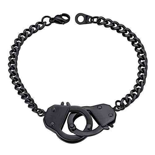 PROSTEEL Trendy Handcuffs Design/Customize Words Ankle Bracelet For Women, 316L Stainless Steel Anklets Silver/Gold/Black Tone, Hypoallergenic, Come with Box - style: B Black-Bracelet(7.5")
