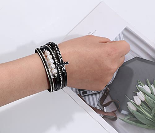 Vercret Leather Wrap Bracelet for Women, Multi-Layer Cuff Bangle | Boho Stacked Bracelets with Safe Clasp Western Bangle Jewelry Gift for Lady and Mom Sister Friend - style: Pearl Cross Black