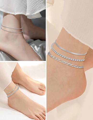 6PCS Ankle Bracelets for Women18K Gold Plated Stainless Steel Waterproof Layered Herringbone Figaro Bead Paperclip Rope Tennis Box Cuban Link Rolo Satellite Chain Anklets Set Gold Tone - style: C:Silver Tone