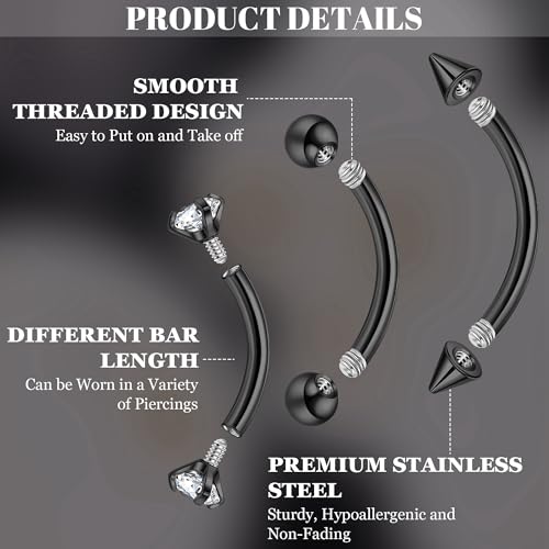 NICEIGHT 12Pcs 16G 18G Surgical Steel Eyebrow Piercing Jewelry for Women Men Small Curved Barbell Rings Vertical Labret Lip Jewelry Ear Rook Helix Daith Ring 6-12MM with 12Pcs Replacement Balls - color: Black, size: 16G