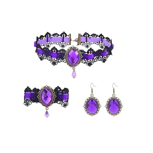 Atiptu Gothic Lace Choker Necklace for Women Black Lace Choker Necklace Vintage Red Crystal Pendant Necklaces Vampire Necklaces Halloween Costume Accessories - color: Purple-Set