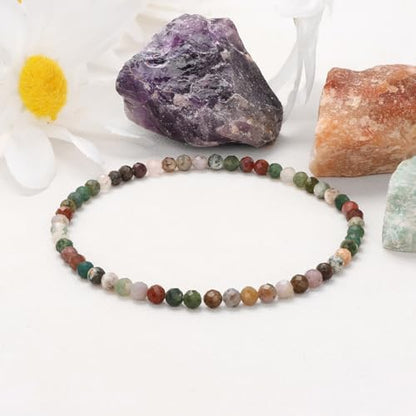 Healing Crystal Bracelet Clear Quartz Faceted Beaded Bracelets for Women Men 3mm Natural Stone Adjustable Handmade Stretch Bracelet Reiki Spiritual Jewelry Fashion Gifts - color: Indian Agate