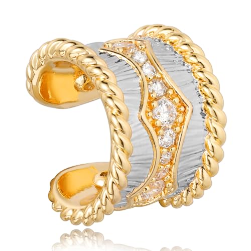 Chunky Ear Cuff Earrings for Women Single | Non Piercing, Clip On, 14K Gold Plated, Cubic Zirconia, Hypoallergenic, Jewelry Gifts - style: Waves
