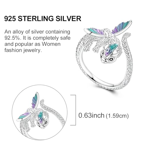 Hapour Adjustable Dinosaur Rings for Women S925 Sterling Silver Stackable Open Eternity Band Wing Dino Rings - color: B