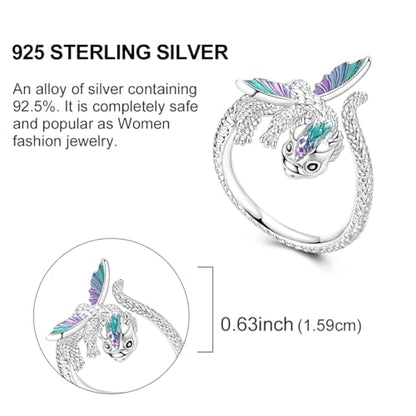 Hapour Adjustable Dinosaur Rings for Women S925 Sterling Silver Stackable Open Eternity Band Wing Dino Rings - color: B