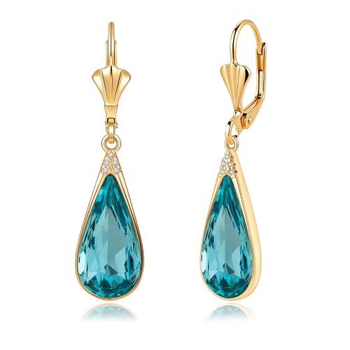 Teardrop Austrian Crystal Leverback Dangle Drop Earrings for Women | 14K Gold Plated,Classic Teardrop Elegance,Leverback for Easy Secure Wear,Gift Box Included, Brighten Up Daily and Party Looks - color: Aquamarine